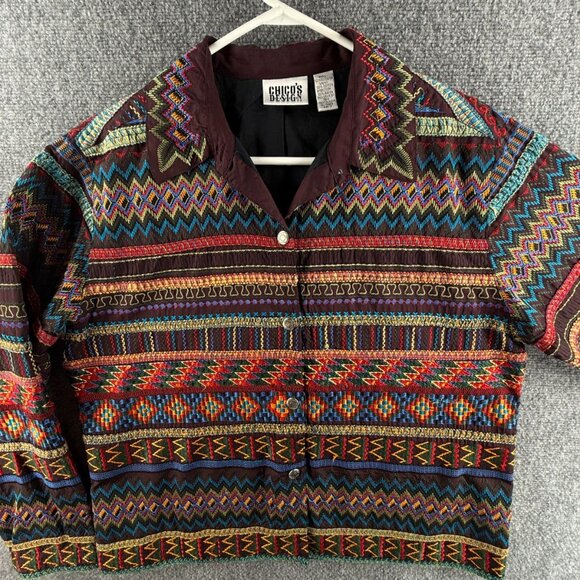 VTG Chicos Design Women Jacket Size 2 Boho Art Bohemian Colorful 90s Lightweight - Picture 1 of 14